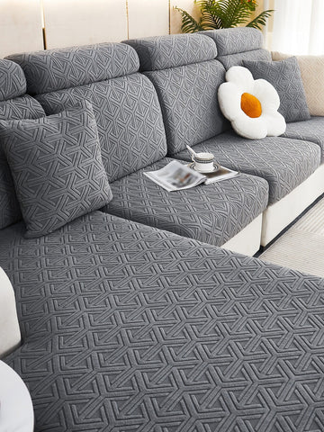 1pc Grey Geometric Jacquard Sofa Seat Cushion Cover, Nordic Polyester Anti-slip Sofa Cushion Cover For Sofa