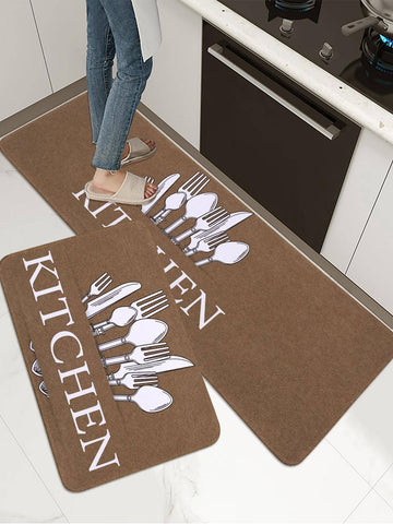 1/2 Pc Brown Vintage Kitchen Pattern Printed Rug, Soft Plush Rectangular Non-Slip Floor Mat For Living Room, Dining Room, Bedroom
