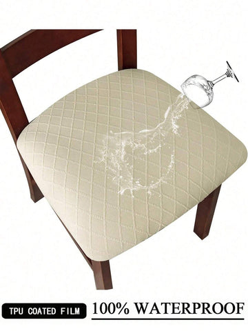 1pc 100% Waterproof Geometric Pattern Jacquard Dining Chair Cover, Coffee Color