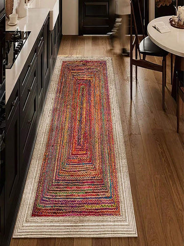 1pc Washable Non-Slip Colorful Bohemian Kitchen Mat, Red Vibrant Striped & Geometric Pattern Silicone Anti-Slip Rug, Quick Absorbent & Easy Clean, Suitable For Kitchen, Dining Room, Bathroom, Laundry Room And Entryway