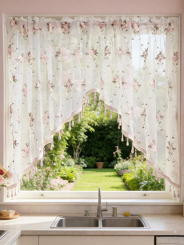 1pc Pink Floral Embroidered Lace Curtain With Beads Arched Shape Doorway Curtain Valance For Bedroom Kitchen Bathroom Rod Pocket Top