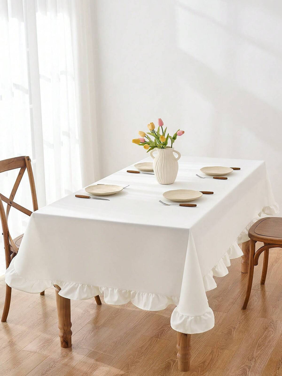 1 Piece Plain Color Solid Color White Printed Ruffle Trim Tablecloth Dirt-Resistant Beautiful Dress Up Restaurant Dress Up Table Suitable For Family Dinner, Daily Use, Banquet Use, Wedding Use, Festival, Party Dress Up