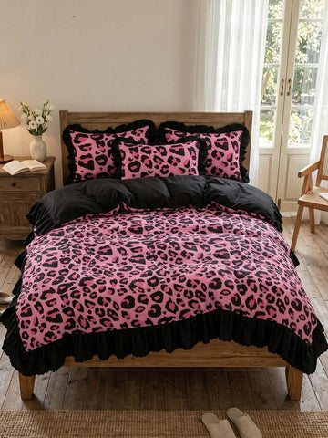 2/3pcs Bedding Set With Ruffle Trim, Exquisite Pink Lace Style, Sweet Girl Bedroom Decor, Soft,Leopard Print Pattern, Washed Microfiber Duvet Cover, Suitable For All Seasons, Fits Double/Queen/King Size, Includes 1 Duvet Cover And 2/1 Pillowcases.