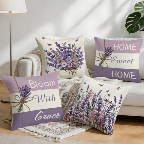 4pcs/1pc Pastoral Lavender Pattern Pillowcase Without Insert, Single-Sided Printed Pillowcase, Suitable For Living Room Bedroom Home Decor, All Seasons Pillowcase
